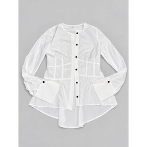 CO White Cotton Collarless Button Front Blouse XS Tailored Waist Foldover Cuffs